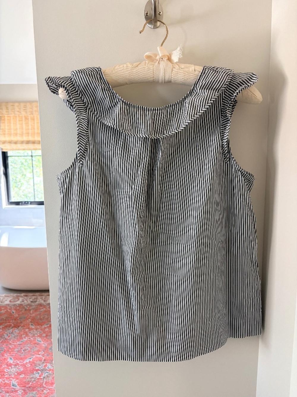 J. Crew Women’s Poplin Dark Gray White stripe Ruffle Blouse Size:10